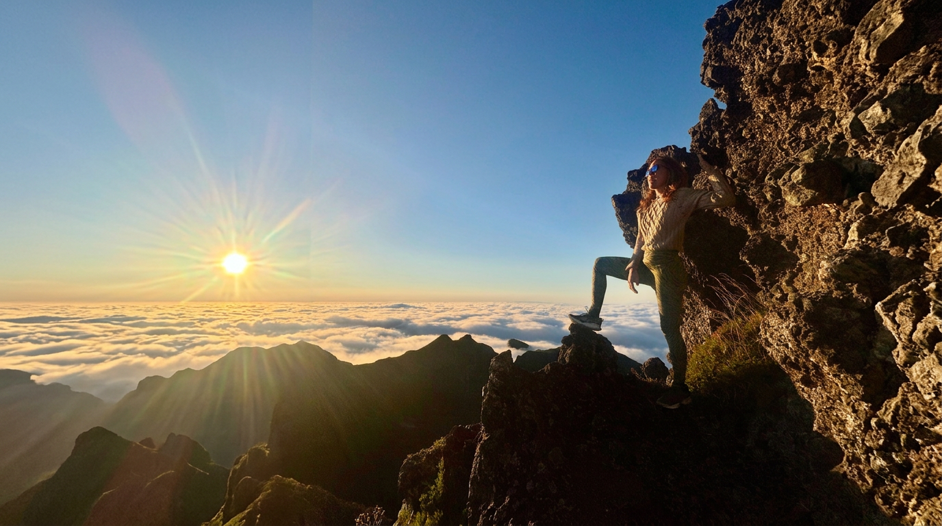 Alessa Berg on a rocky mountain ridge above a sea of clouds